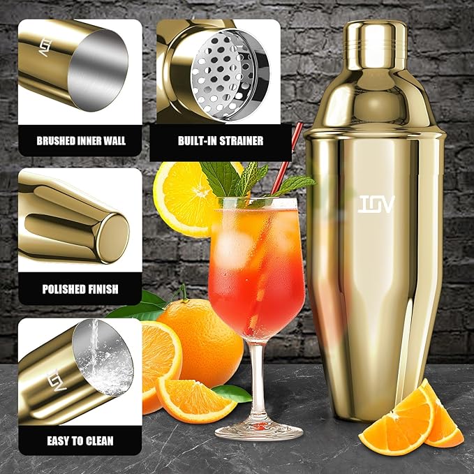 IOV Cocktail Shaker, 24 oz Martini Shaker, Drink Mixer with Built-in Strainer, Professional Stainless Steel Margarita Alcohol Shaker with Cocktail Recipe Guide, Bartender Kit Gifts, Gold