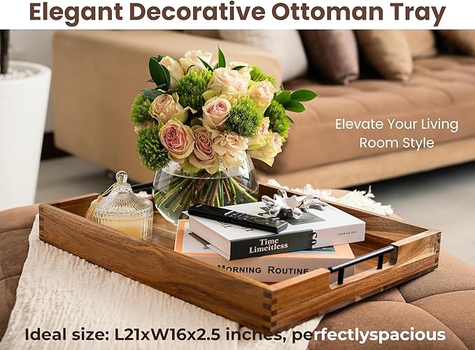 Acacia Wooden Ottoman Tray for Living Room & 6 Coasters Set – 21" Large Coffee Table Serving Tray with Handles, Perfect for Food, Drinks, Kitchen, and Home Decor