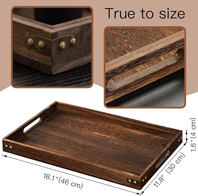 18.1 Inch Rustic Wood Serving Tray with Handles, Breakfast Tray Wooden Trays Decorative Serving Platter for Eating, Working, Storing, Used in Bedroom, Kitchen, Living Room, Bathroom and Outdoors