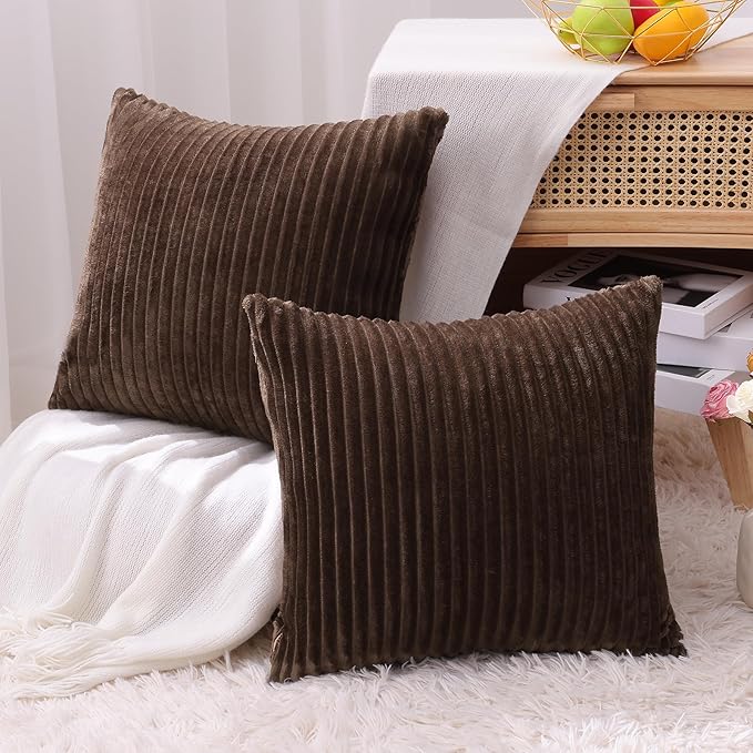 Simmore Decorative Throw Pillow Covers 16x16 Set of 2, Soft Natural Plush Flannel Double-Sided Fluffy Couch Pillow Covers for Sofa Living Room, Brown