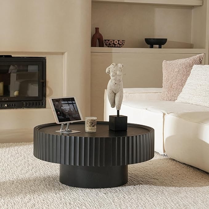 Round Coffee Table, Modern Living Room Tables with Mushroom Shape and Grooved Design, Large Coffee Tables, Circle Pinewood Center Table for Living Room, Apartment (Black, 31.8''L×13.7''H)