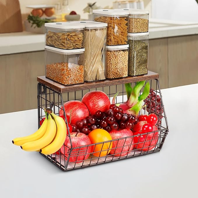 Livabber Fruit Basket for Kitchen, Metal Fruit Vegetable Storage Bin with 2 Banana Hangers, Countertop Wire Basket Organizer for Snack Potato Onion, Screw Mounted or Stand (Black, 1 Pack)