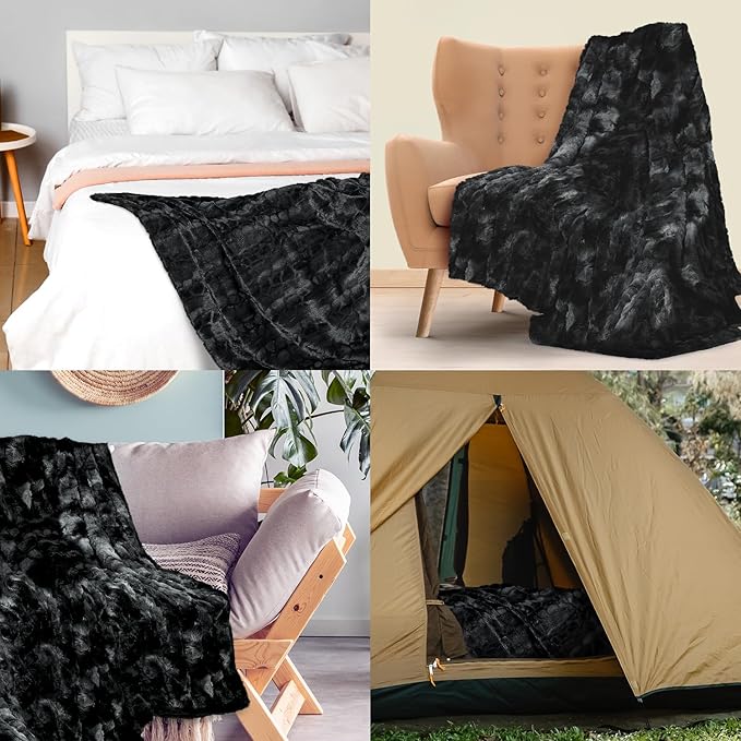 Everlasting Comfort Soft & Comfortable Black Faux Fur Throw Blanket for Couch - (50"x65") Minky & Fluffy Fall Blankets & Throws, Plush Fuzzy Cover for Bed, Sofa & Living Room - Cozy Home Decor