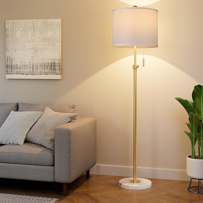 PARTPHONER Floor Lamp for Living Room, 66'' Adjustable Height Standing Lamp with Marble Base, 3-Color Tall Lamps with Pull Chain, Suitable for Bedroom, Reading, Office (Bulb Included, White Shade)