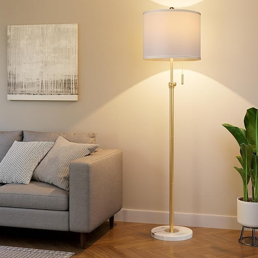 PARTPHONER Floor Lamp for Living Room, 66'' Adjustable Height Standing Lamp with Marble Base, 3-Color Tall Lamps with Pull Chain, Suitable for Bedroom, Reading, Office (Bulb Included, White Shade)