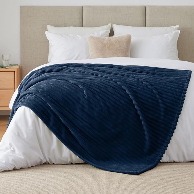 BEDELITE King Size Blanket for Bed, 300GSM Soft & Warm Fleece Blanket, Decorative and Giftable Striped Navy Blankets for Women, Men, 108"x90"