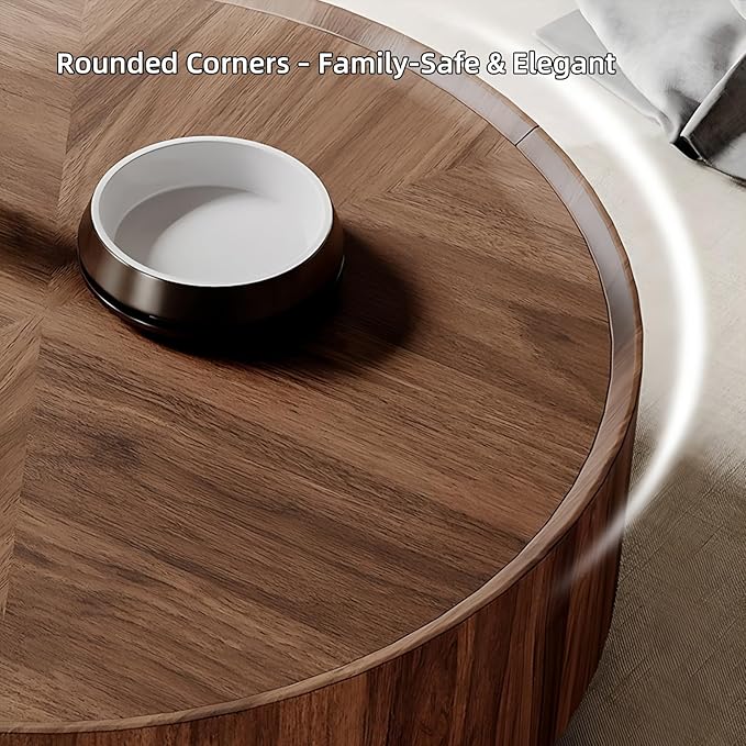 Luxury Solid Wood Coffee Table with Hidden Drawer, Fully Assembled Square Center Table for Living Room, Raised Edge Design, No Installation Needed, Premium Walnut Finish (39.37" Round Coffee Table)