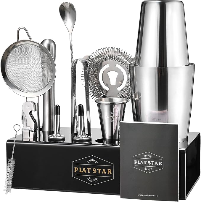 Mixology Bartender Kit | Home Bar Set Cocktail Shakers Bartending Kit | Bar Tools Boston Shaker Set with Stand | Professional Drink Mixing Martini Shaking Tins Barware Set w/Strainer