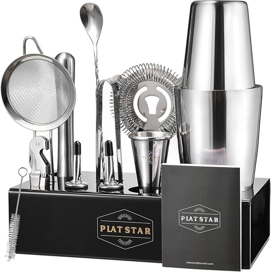 Mixology Bartender Kit | Home Bar Set Cocktail Shakers Bartending Kit | Bar Tools Boston Shaker Set with Stand | Professional Drink Mixing Martini Shaking Tins Barware Set w/Strainer