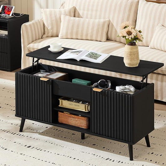 LEYAOYAO 48" Fluted Lift Top Coffee Table with Hidden Storage & Adjustable Shelves, Lifting Tabletop Large Rectangular Coffee Tables, Mid Century Modern Wood Center Table for Living Room,Black