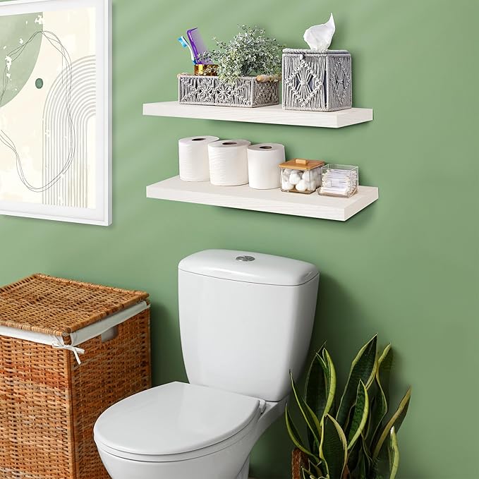 Sorbus Wood Floating Shelves for Wall - 24” Solid Wood Wall Shelves for Bathroom Decor, Books, Bedroom & Living Room - Set of 2 White Mounted Kitchen Shelves - Durable Solid Pine