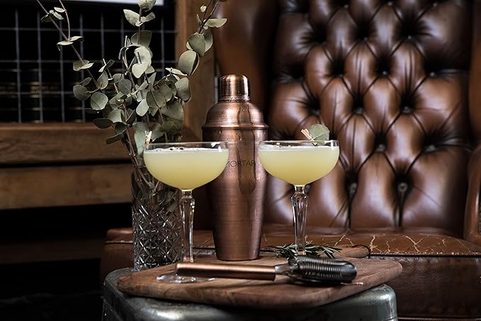 Mint & Mortar Cocktail Shaker Set, 7-Piece Bartender Kit with Stand, 24oz Martini Shaker Bottle Stainless Steel Bar Tools, Home Bar Accessories Drink Mixer, Barware Gift Set - Brushed Copper