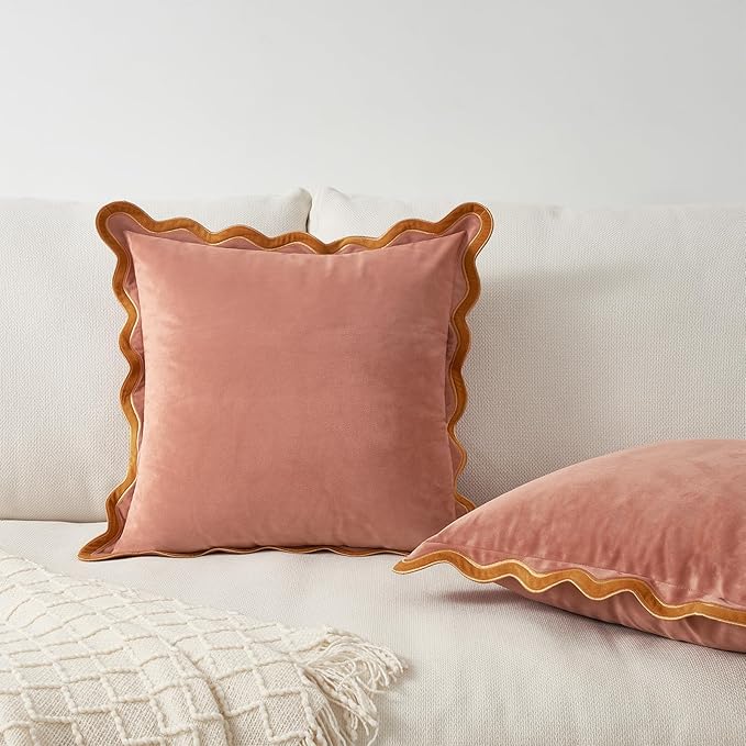 MONDAY MOOSE Decorative Throw Pillow Covers Cushion Cases, Set of 2 Soft Velvet Scalloped Wavy Edge Designs, Mix and Match for Home Decor, Pillow Inserts Not Included (Honey/Pink, 18x18 inch)