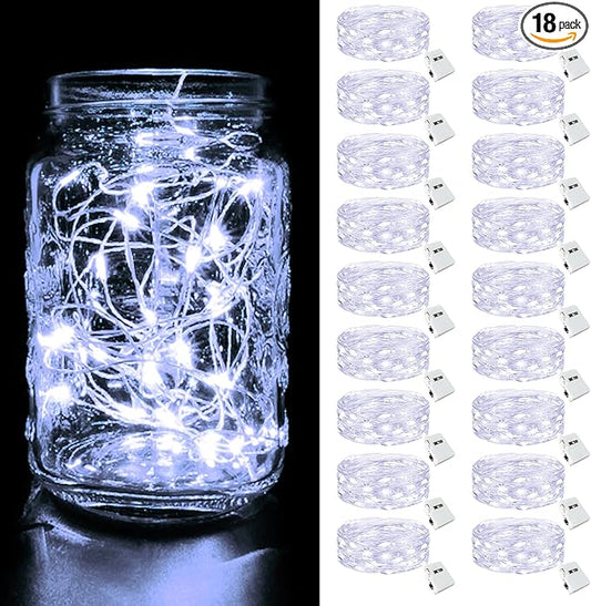 btfarm 18 Pack Fairy Lights Battery Operated [3 Modes], 7ft 20 Led Twinkle Lights String Lights Waterproof Bulk Small Mini Silver Wire for Mason Jars Vases Wedding Table Centerpiece, Cool White