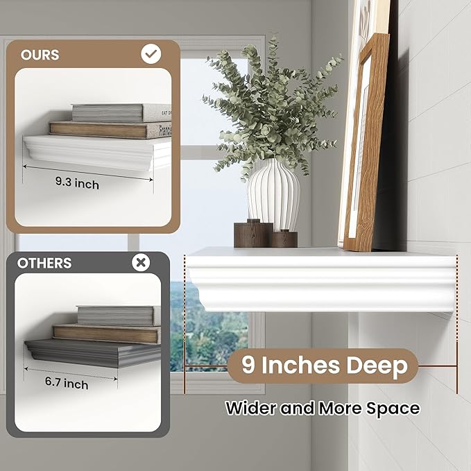Axeman 48 Inch Floating Shelves for Wall, 9.3" Deep Crown Molding Wood Display Shelf with Heavy Duty Invisible Brackets for Living Room, Bedroom, Bathroom, Kitchen Decor & Storage, Set of 1, White