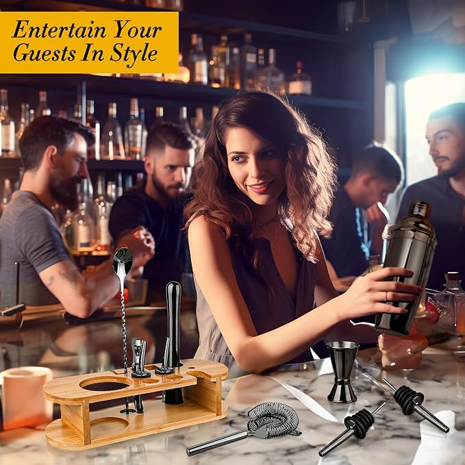 Cocktail Shaker Set Bartender Kit with Stand, Stainless Steel Drink Mixer Set with All Essential Accessories, Professional Bar Tool Set Bartending Kit, Gifts for Home Bar and Men Dad Women