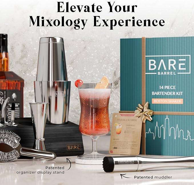 BARE BARREL® Mixology Bartender Kit Bar Set | 14-Piece Cocktail Shaker Set | Martini Barware Mixing Tools for Home Bartending | Incl. 35 Recipe Cards | Gift Set (28oz Boston Shaker, Silver/Black)