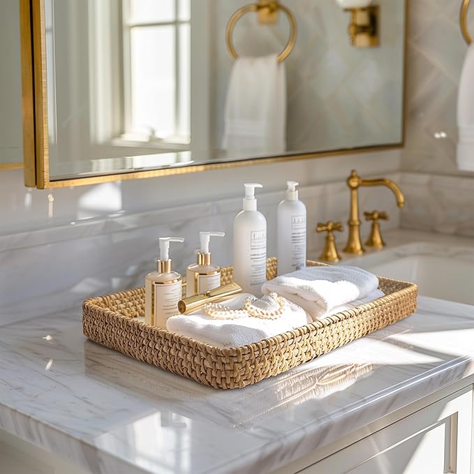 Set of 3 Rectangle Rattan Serving Trays with Mother of Pearl Inlay – Hand-Woven Wicker Trays for Coffee Table, Bathroom, Kitchen Counter or Entryway, Boho Coastal Decor, Four-Leaf Clover Design