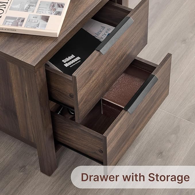 21" Farmhouse Nightstand Set of 2 with Charging Station 2 Drawers Large End Table with Metal Handle Rustic Low Night Stand Wood Dresser for Living Room Bedroom Closet,Walnut