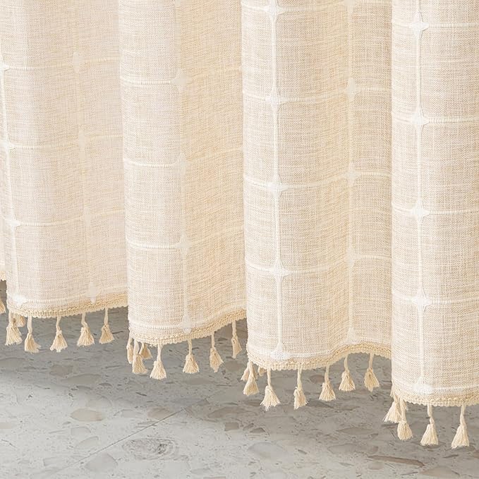 MitoVilla Boho Small Stall Shower Curtain 36 x 72, Beige Narrow Polyester Linen Fabric Shower Curtains for Farmhouse Bathroom Decor, Half Size Cloth Shower Curtain Set with Hooks, Cream