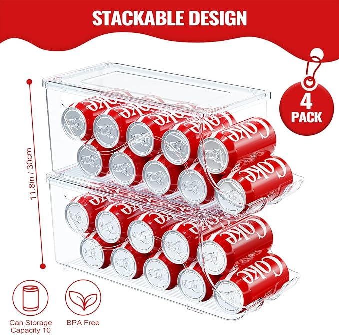 4 Pack Stackable Refrigerator Organizer, Soda Can Dispenser Pop Cans Container Beverage Holder with Lid for Fridge, Freezer, Kitchen, Clear Plastic Storage Bins-Holds 10 Cans Each -Transparent