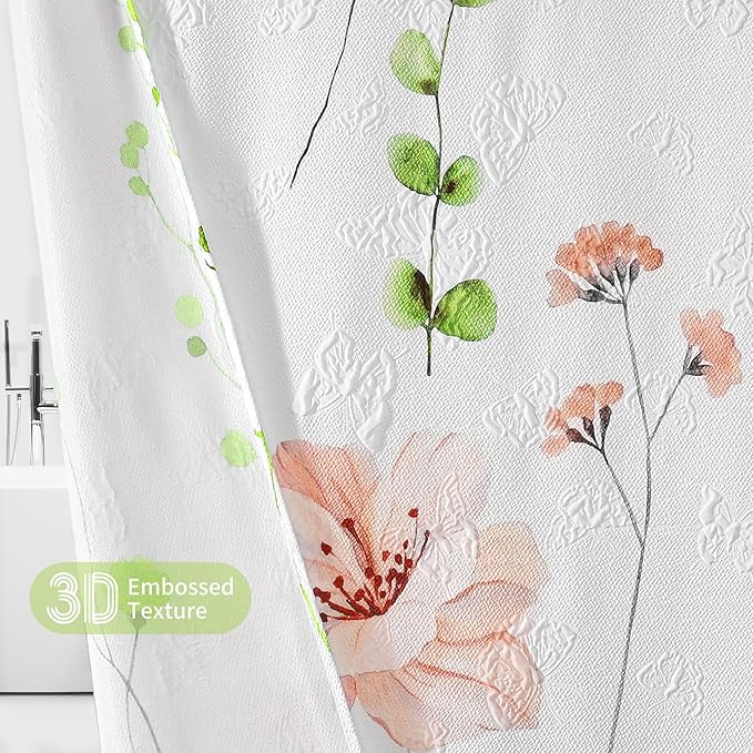 QiyI Watercolor Floral Shower Curtain, 3D Embossed Butterflies Green Pink Flower Bathroom Curtain, Minimalist White Cloth Bath Curtain, Waterproof Fabric Textured Shower Curtain Set with Hooks, 72x72