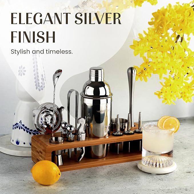 Modern Mixology 21-Piece Cocktail Shaker Set with Stand, Bartender Kit for Home Bar Accessories: 24oz Martini Shaker, Jigger, Strainer, Bar Spoon, Tongs, Opener, Muddler (Silver, Brown Stand)