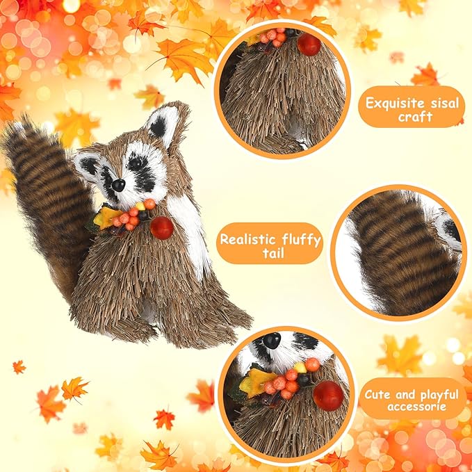 Namalu 2 Pack Raccoon Sisal Fall Decor Thanksgiving Decoration Indoor Sisal Figurine for Home Table Centerpieces Cute Handmade Fall Woodland Animal Statue for Autumn Harvest Office Cozy Shelf Decor