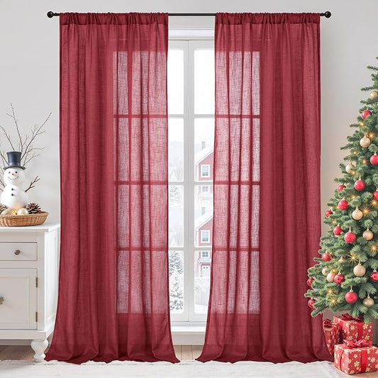 BGment 96 Inches Long Linen Curtains for Living Room, Semi Sheer Burgundy Window Drapes Textured for Farmhouse Bedroom Dining Christmas Decor with Rod Pocket Lightweight, 2 Panels, Each 52 Inch Wide
