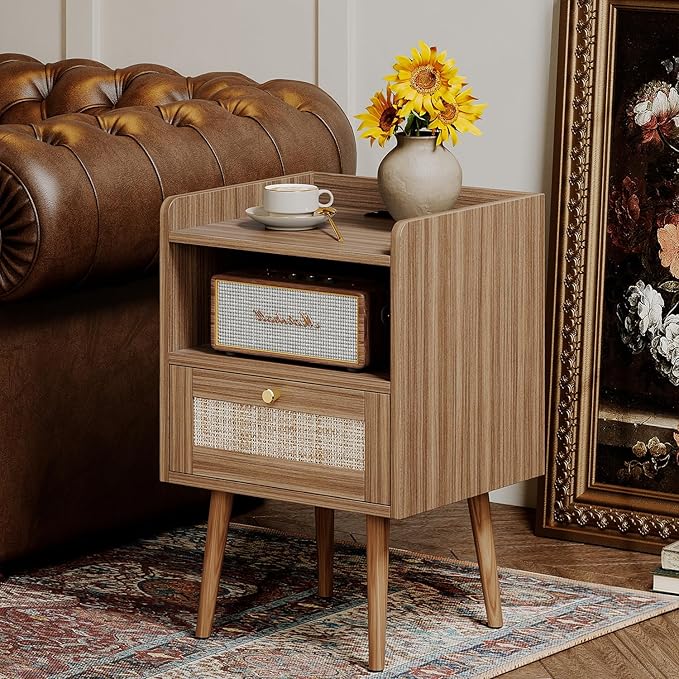 Night stand Set of 2, Bedside Tables with Charging Station, Rattan End Tables, Bed Side Tables, Wood Nightstands set of 2 for Farmhouse Kids' Room Bedroom Living Room Dorm Sofa Office Corner(Brown)