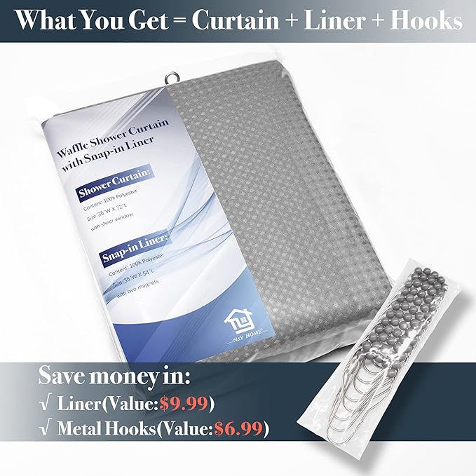 N&Y HOME Stall Waffle Shower Curtain with Snap-in Fabric Liner & Hooks Set - 36" x 72" Small Shower Stall Size, Hotel Style & Mesh Top Window, Machine Washable - 36x72, Gray