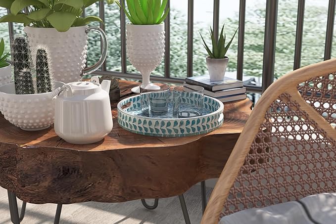 PEMAR 12.6” Mother of Pearl Round Serving Tray with Handles, Decorative Nacred Wooden Ottoman Coffee Table Tray (Teal Floral Pattern)