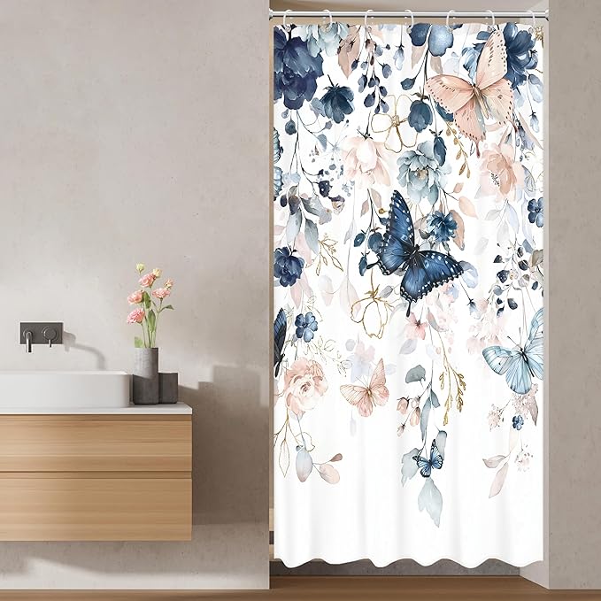Small Stall Blue Pink Shower Curtain 36Wx72L Inch RV Narrow Floral Butterfly Spring Summer Plant Botanic Natural Gold Green Leaves Bathroom Set Girl Bath Curtain Bathtub Accessories Home Decor