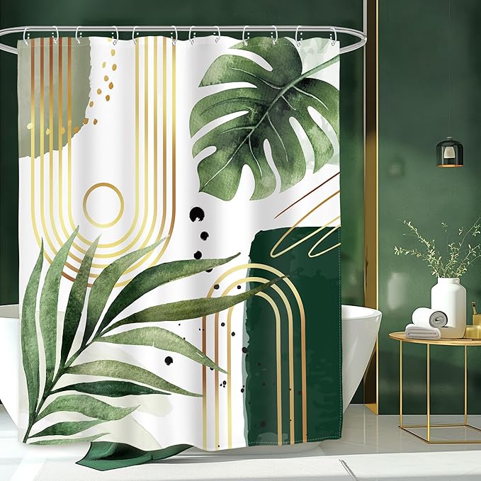 Glawry Green Gold Boho Mid Century Shower Curtain Small Stall RV Narrow Abstract Minimalist Modern Geometric Leaf Bathroom Simple 48Wx72L Inches Bath Accessories Art Home Decor Fabric 8 Pack Hook