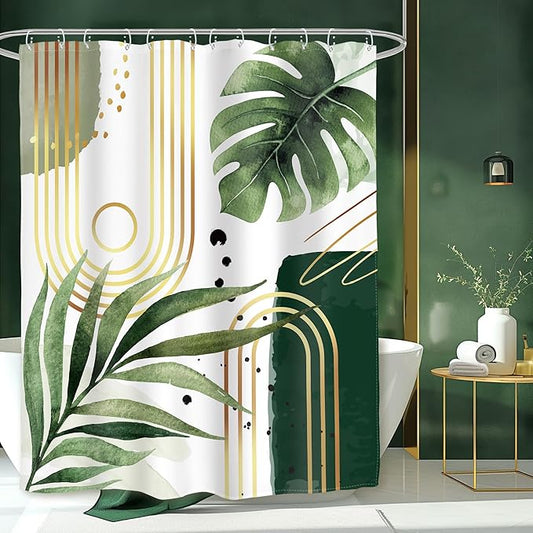 Glawry Green Gold Boho Mid Century Shower Curtain Small Stall RV Narrow Abstract Minimalist Modern Geometric Leaf Bathroom Simple 48Wx72L Inches Bath Accessories Art Home Decor Fabric 8 Pack Hook