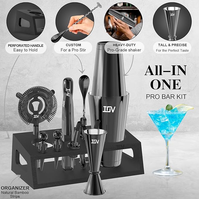 IOV Cocktail Shaker Set: 12-Piece Mixology Bartender Kit Bar Set | 18oz & 28oz Boston Shaker Drink Mixing Tools for Home with Recipe Booklet and Stand | Fun Housewarming Gift (Black)
