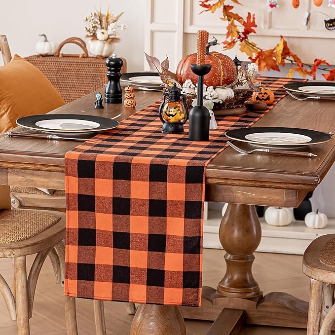 Softalker Fall Checkered Table Runner - Orange Buffalo Plaid Halloween Thanksgiving Stain Resistant Washable Table Decoration for Dining/Parties/Holiday Decor, 13 x 70 Inch