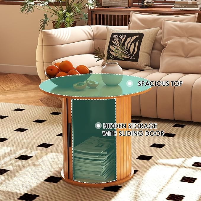 Round Wood Coffee Table 23.6IN with Hidden Storage & Sliding Door, Circle Farmhouse Side Table Sets for Living Room, Bedroom, Balcony, Small Spaces, Natural