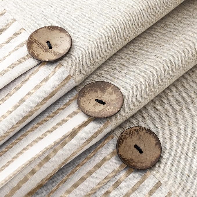 Awellife Farmhouse Beige Shower Curtain Button Linen Textured Woven Fabric,Pleated Beige Stripe,Country Style,60" W x 72" L