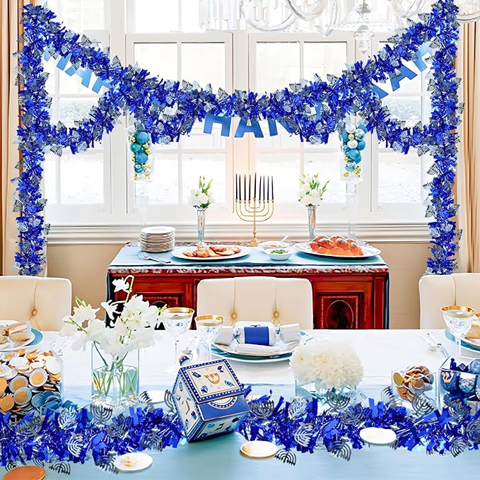 Hanukkah Decorations, 65 FT Blue Hanukkah Tinsel Garland with Menorah and Star of David Sequins Silver Ornaments Metallic Fake Twist Garland for Party Home Table Door Chanukah Indoor Outdoor