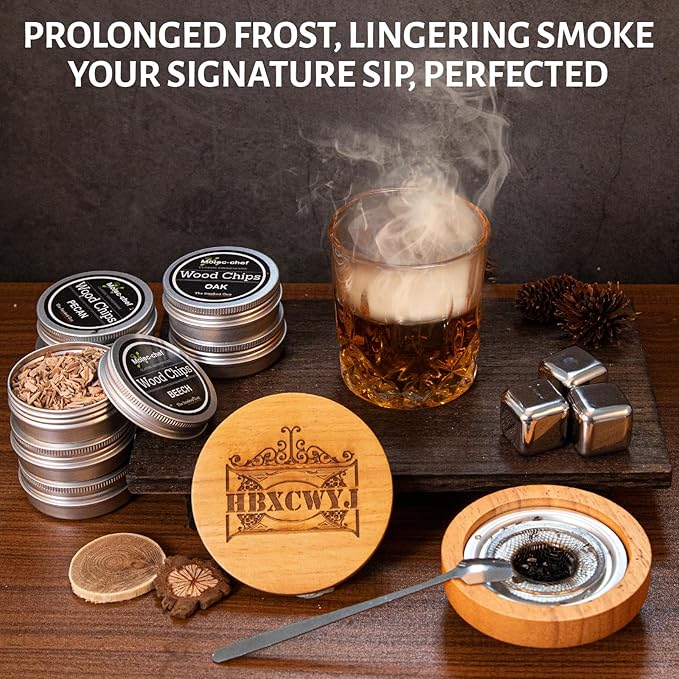 Gifts for Men Dad Husband， Cocktail Smoker Kit，Whiskey Smoker Kit with Torch (no Butane)， 8 Flavors Wood Chips ，3 Ice Marble，Cocktail Cards