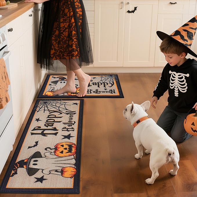 JSEI Halloween Holiday Kitchen Mats for Floor, Non-Slip Ghost and Pumpkins Decorative Kitchen Rugs Set of 2, Home Decor Low-Profile Kitchen Runner Rug Washable, 17"x30"+17"x48", Cute Ghost Pattern