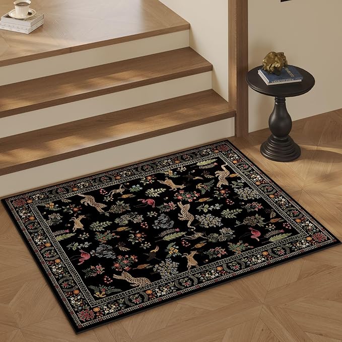 Rugcomf Door Mat Indoor Entrance 2x3 Rug Machine Washable Boho Floral Animal Small Area Rug Non-Slip Low Pile Throw Rugs for Entryway, Kitchen, Front Door Indoor Entrance, Entry, Kids Room (Black)