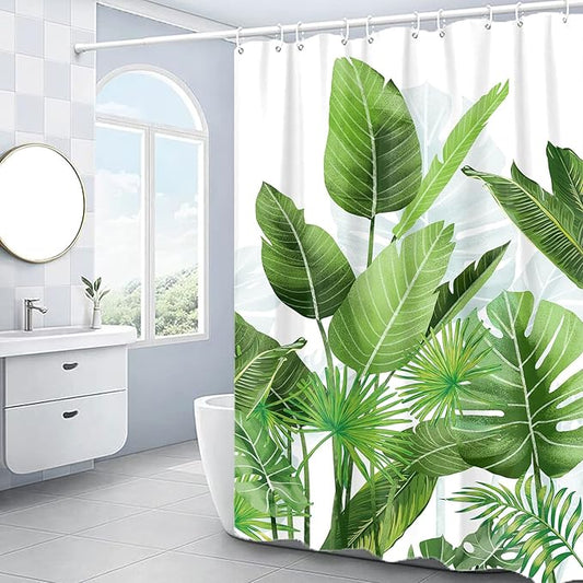 Domoku Tropical Green Leaves Shower Curtain Nature Plant Floral Bathroom Curtain Polyester Fabric with 12Hooks (72 * 72inch/180cm*180cm)