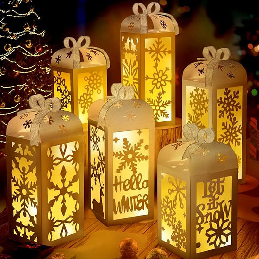 OuMuaMua Christmas Centerpiece Table Decorations, 6Pcs Light Up White Snowflake Paper Lanterns Decorative Glitter Table Centerpiece Boxes for Winter Wonderland Christmas Holiday Party Home Decor