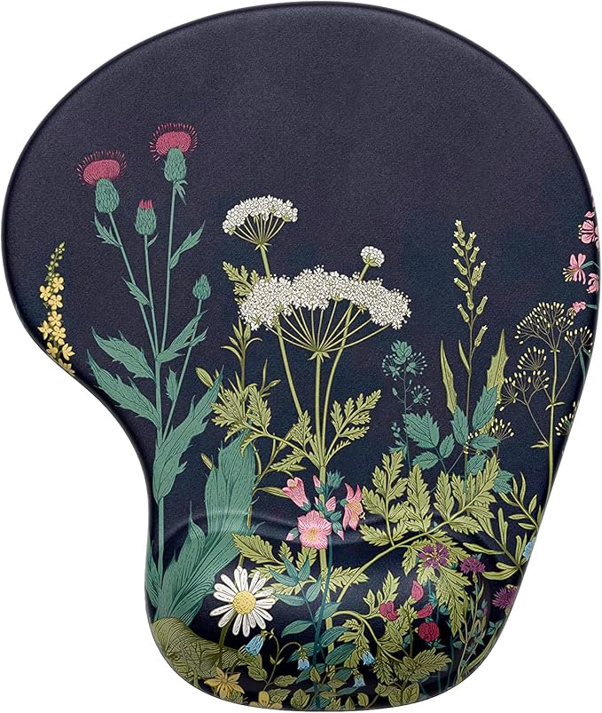 Hsurbtra Ergonomic Mouse Pad with Wrist Rest Support, Gel Mouse Pads with Non-Slip PU Base, Pain Relief Memory Foam Computer Mat, Cute Office Supplies Desk Decro Accessories, Black Flower
