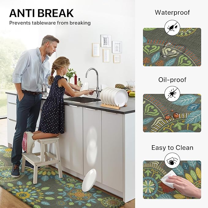 GENIMO Kitchen Mats for Floor 2PCS, Cushioned Kitchen Rugs Non Slip Washable, Farmhouse Anti Fatigue Mat Waterproof, Comfort Standing Mat Rug for Office, Home, Laundry, 17.3"x47"+17.3"x30", Green