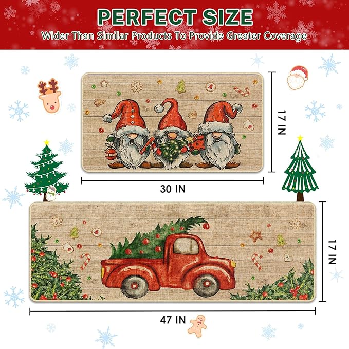 Christmas Truck Gnome Kitchen Rugs and Mats Non Skid Washable Set of 2, Xmas Kitchen Mats for Floor Decor