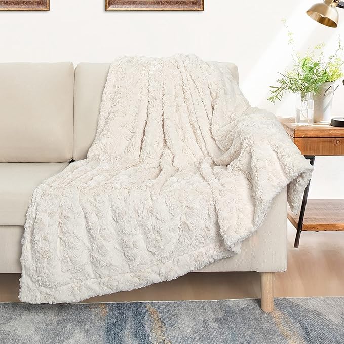 TOONOW Faux Fur Luxury Throw Blanket,Double Side Soft Fluffy Shaggy Fuzzy Blanket for Couch Sofa Bed (Cream, Throw)