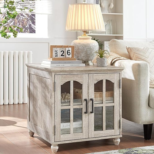 Farmhouse End Table with Charging Station,24" Large Sofa Side Table with Glass Barn Door,Rustic Wood Night Stand with Adjustable Storage Shelf,Square Bedside Table for Living Room,Bedroom Office